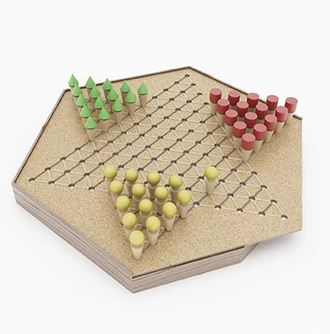 A board game with figures that have different colours and shapes, so that different teams can be sensed.